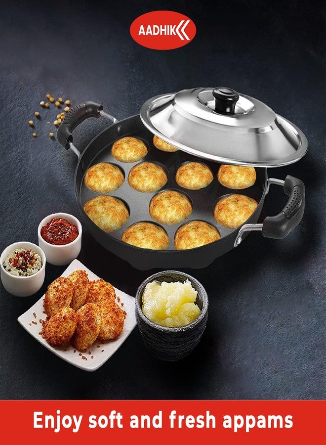 AADHIK Appam Pan with Lid 12 Cavity Appam Patra Non Stick Aluminium Appam Maker with Stainless Steel Lid, Kichen Essential Cooking Pan (Pack of 1,Black) - Image 2